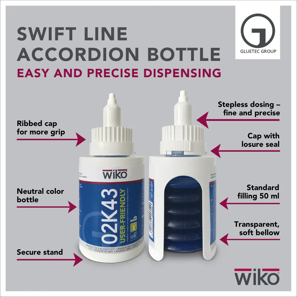 Łatwe i precyzyjne dozowanie za pomocą harmonijki Swift Line o pojemności 50 ml.
